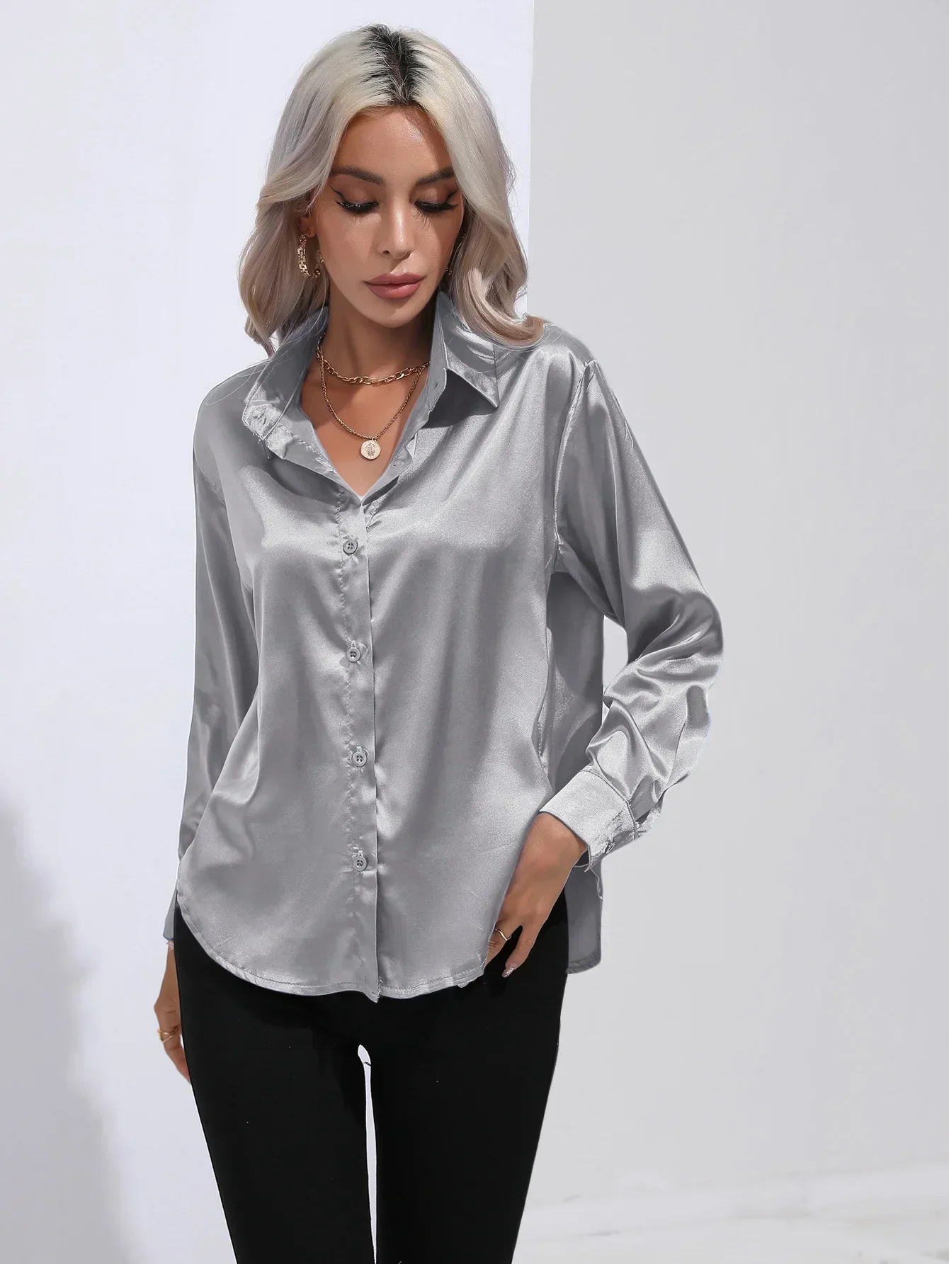 Women's Blouse - Satin - Relaxed Fit - Long Sleeves - Classic Button Closure - Image 91