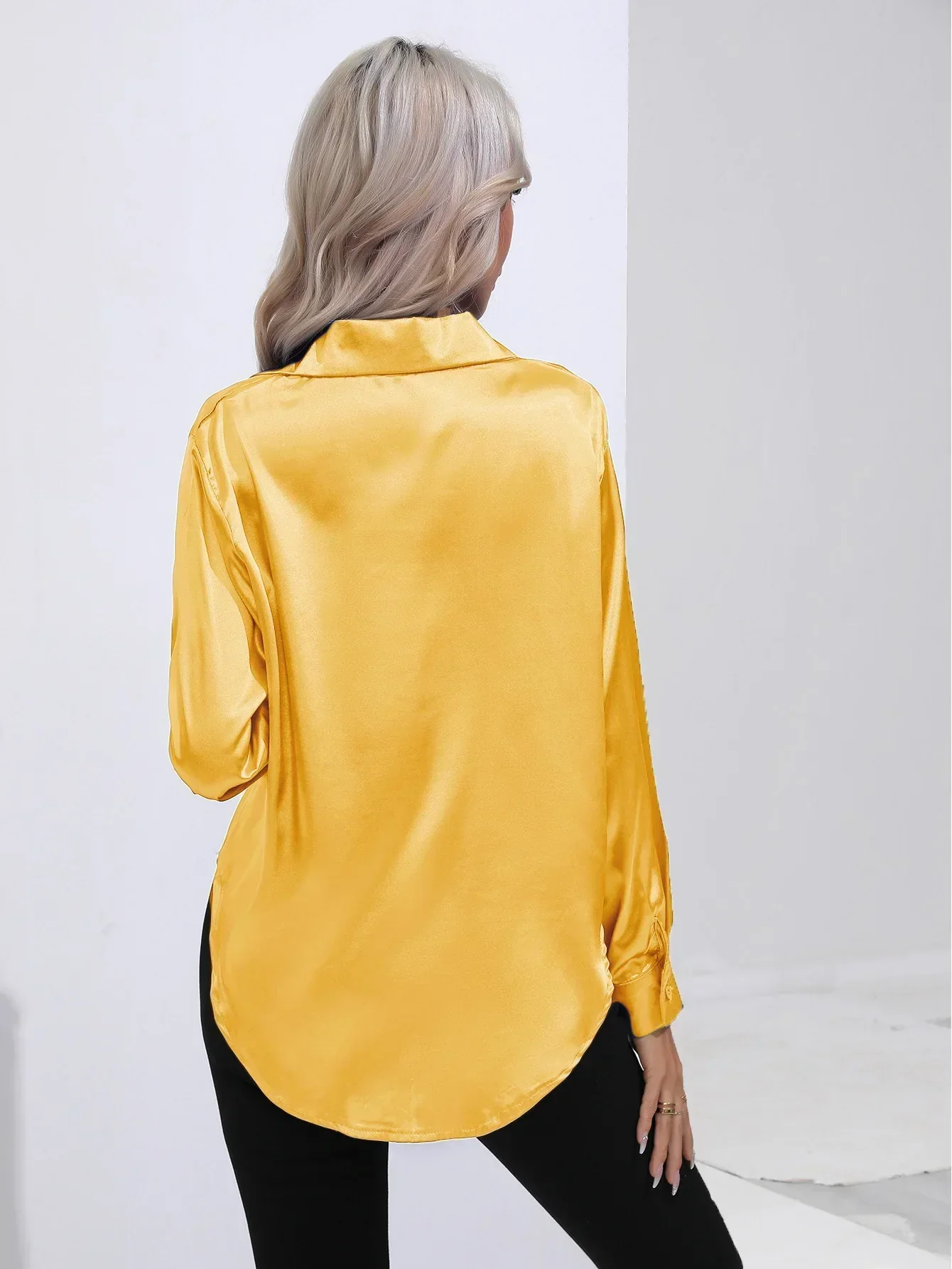 Women's Blouse - Satin - Relaxed Fit - Long Sleeves - Classic Button Closure - Image 92