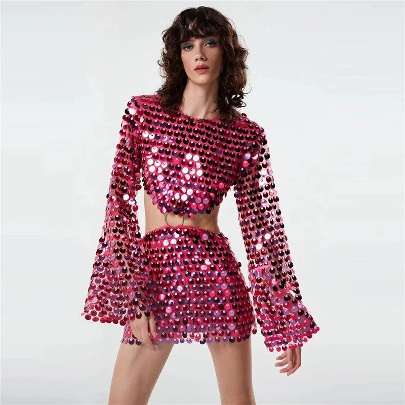 Ladies Set – Crop Top & Mini Skirt – Long Sleeves – With Sequins – Party Outfit - Image 2