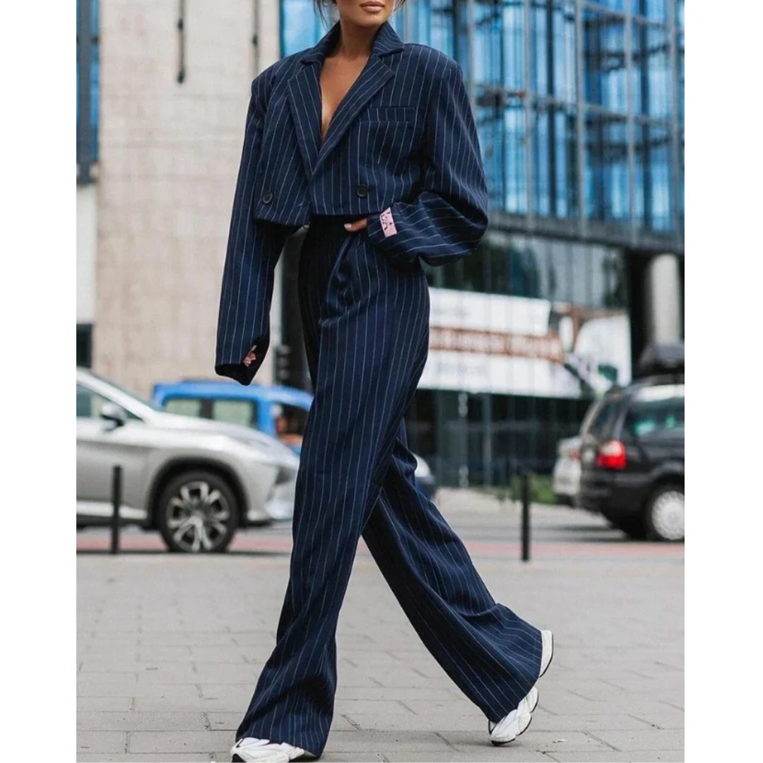 Women's Suit - Cropped Blazer with Peak Lapel - High Waist Pleated Trousers - Elegant Fit - Image 2