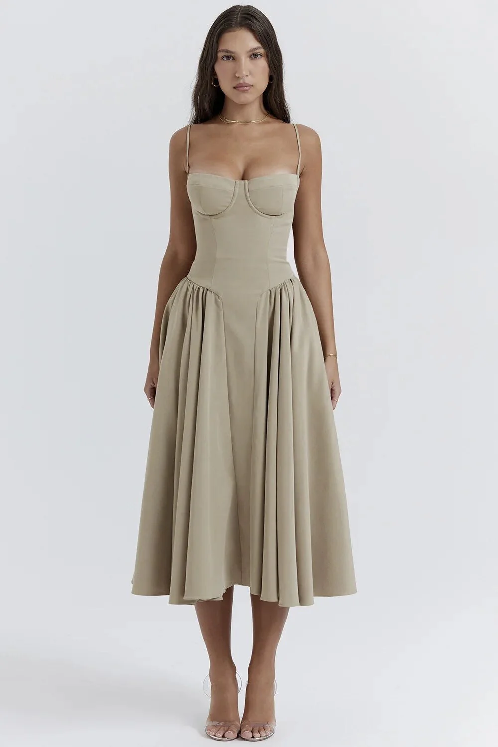 Ladies Midi Dress - Fitted Bodice - Spaghetti Straps - Flared Skirt with Pleat - Image 10