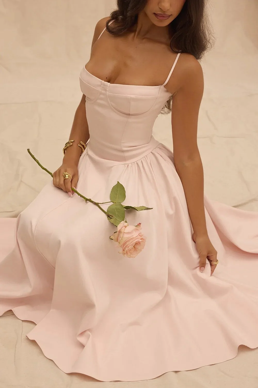 Ladies Midi Dress - Fitted Bodice - Spaghetti Straps - Flared Skirt with Pleat - Image 3