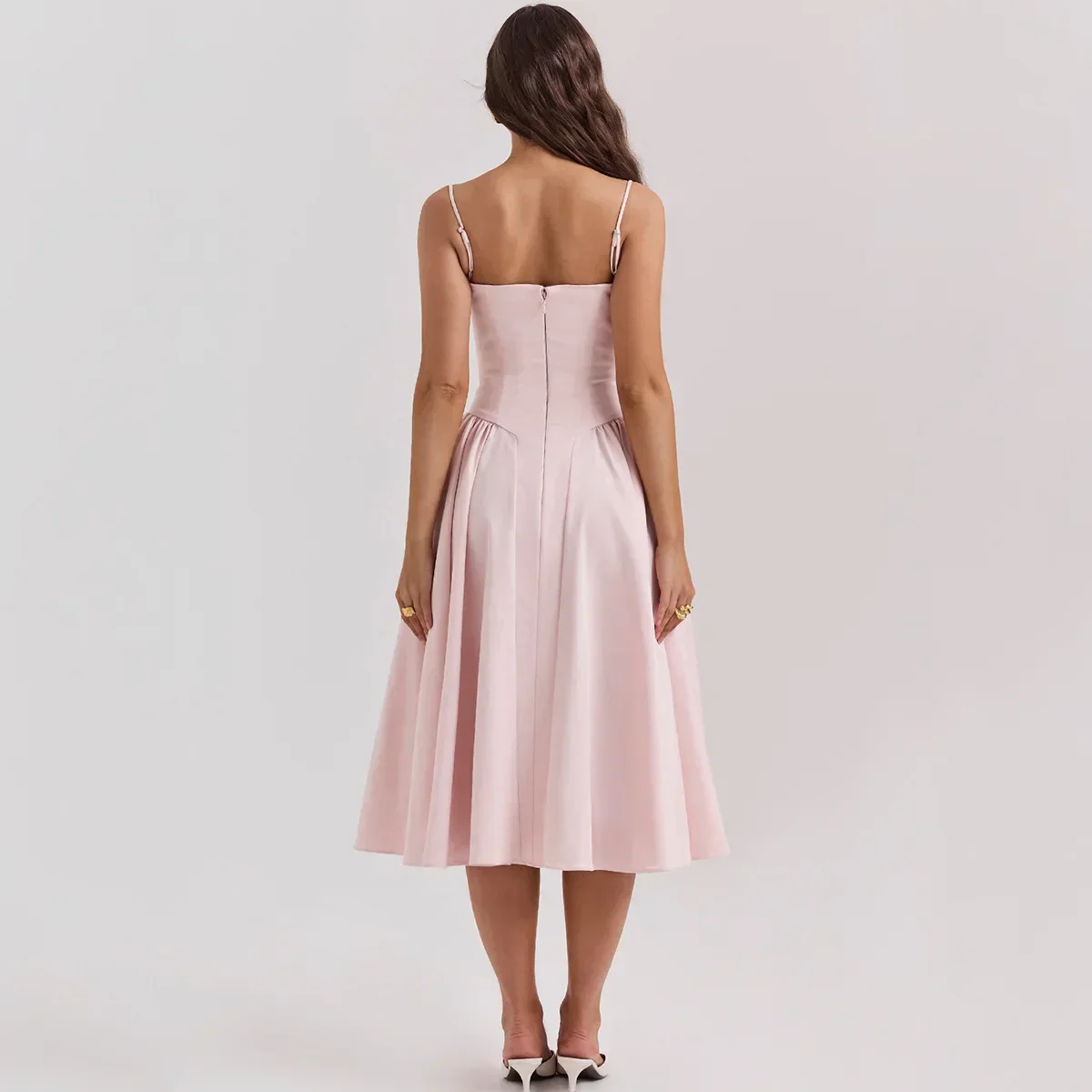 Ladies Midi Dress - Fitted Bodice - Spaghetti Straps - Flared Skirt with Pleat - Image 4