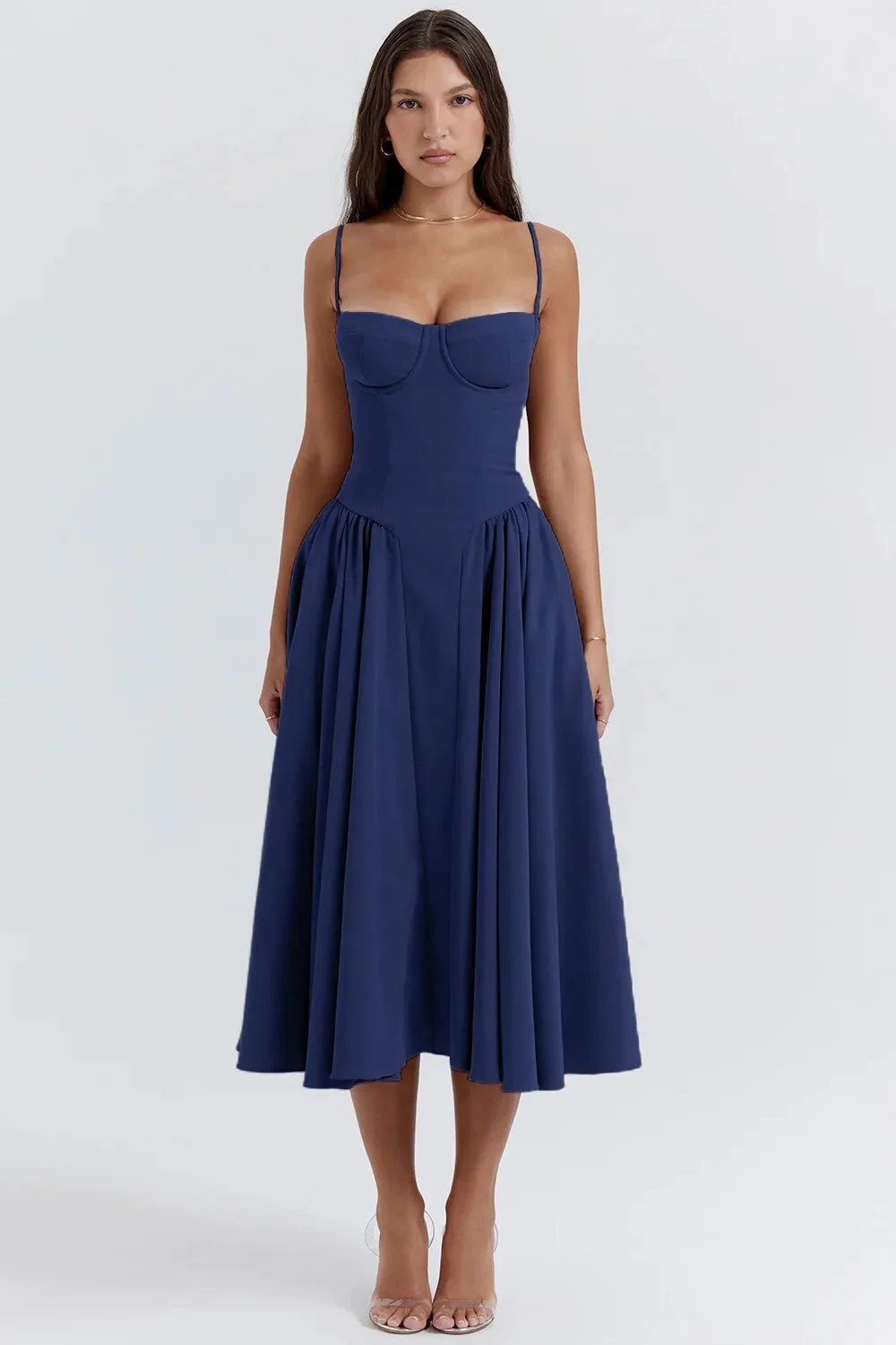 Ladies Midi Dress - Fitted Bodice - Spaghetti Straps - Flared Skirt with Pleat - Image 6
