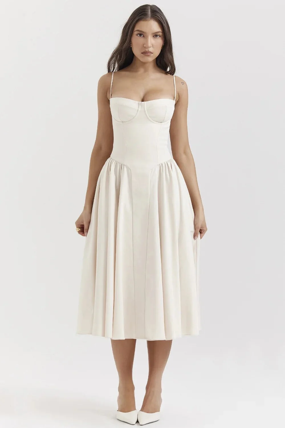 Ladies Midi Dress - Fitted Bodice - Spaghetti Straps - Flared Skirt with Pleat - Image 7