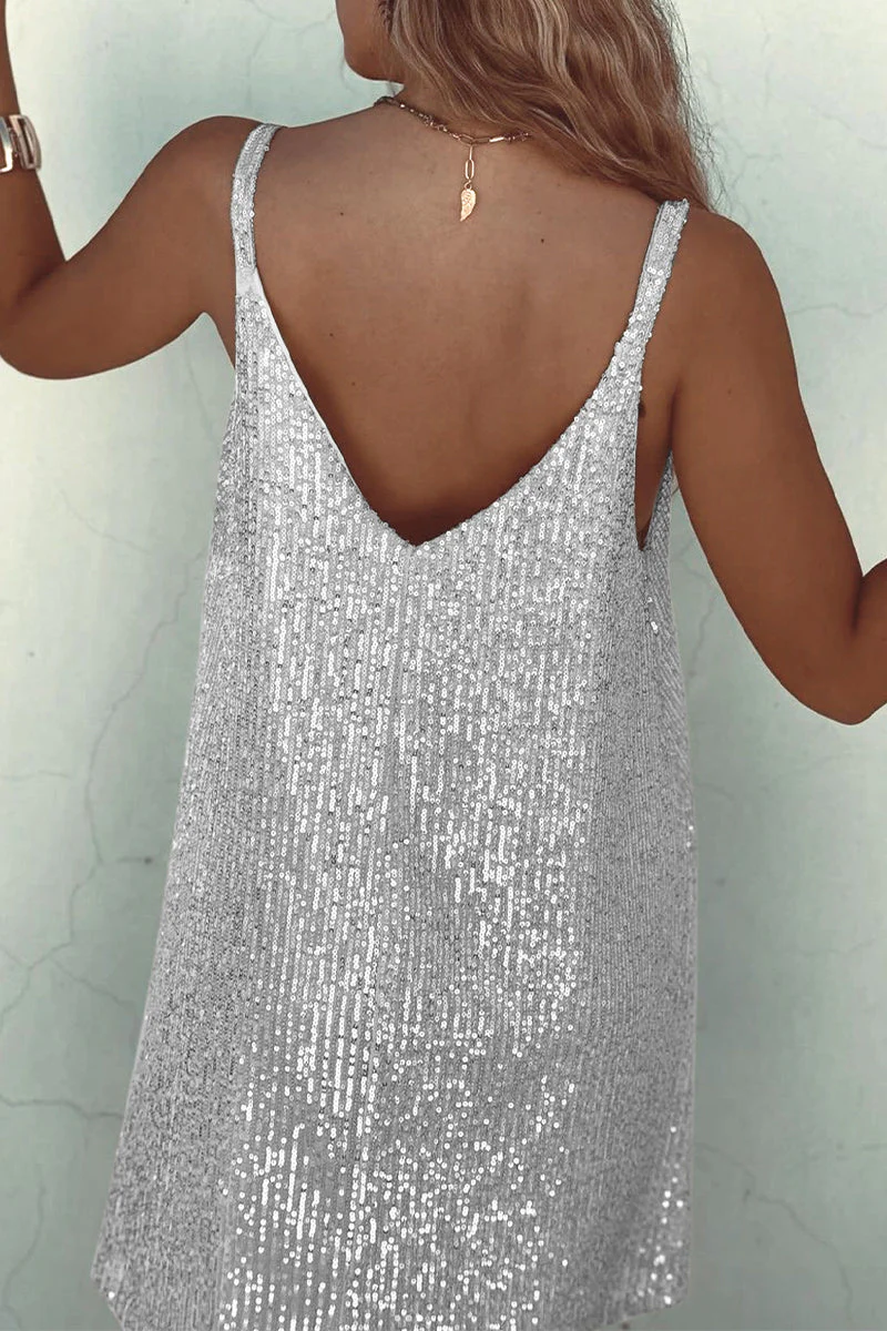 Ladies Mini Dress - Sleeveless - Sequins - V-Neck - Spaghetti Straps - Elegant Fit - Image 3
