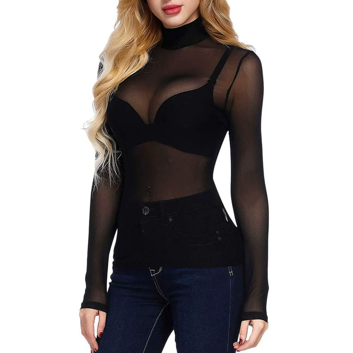 Ladies Mesh Bodysuit – Transparent – Long Sleeves – High Neck – Built-in Lace Bralette - Image 2