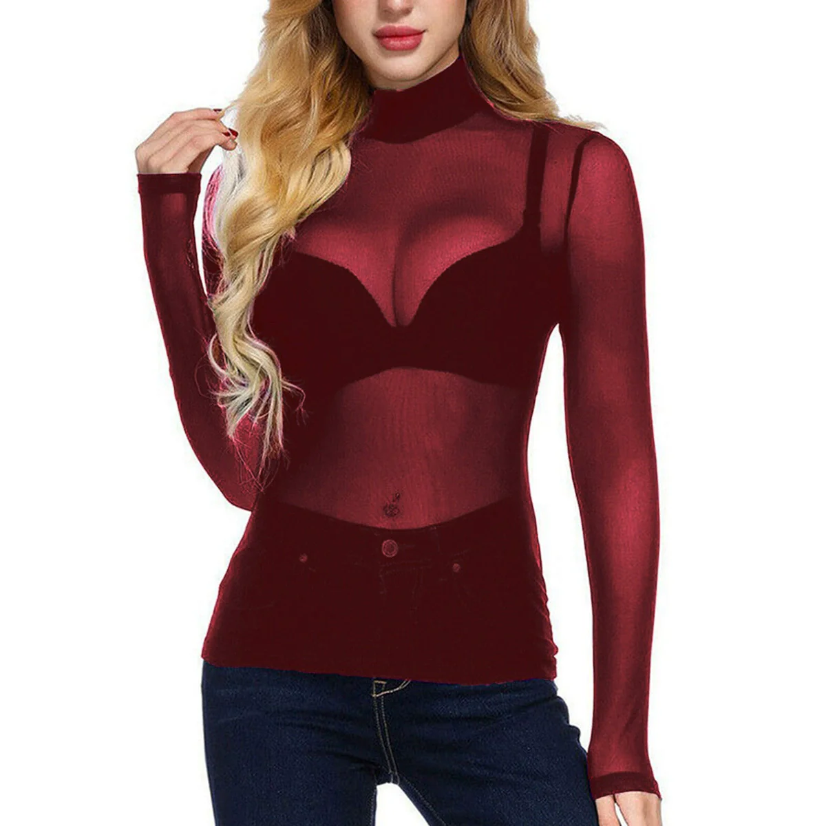 Ladies Mesh Bodysuit – Transparent – Long Sleeves – High Neck – Built-in Lace Bralette - Image 3