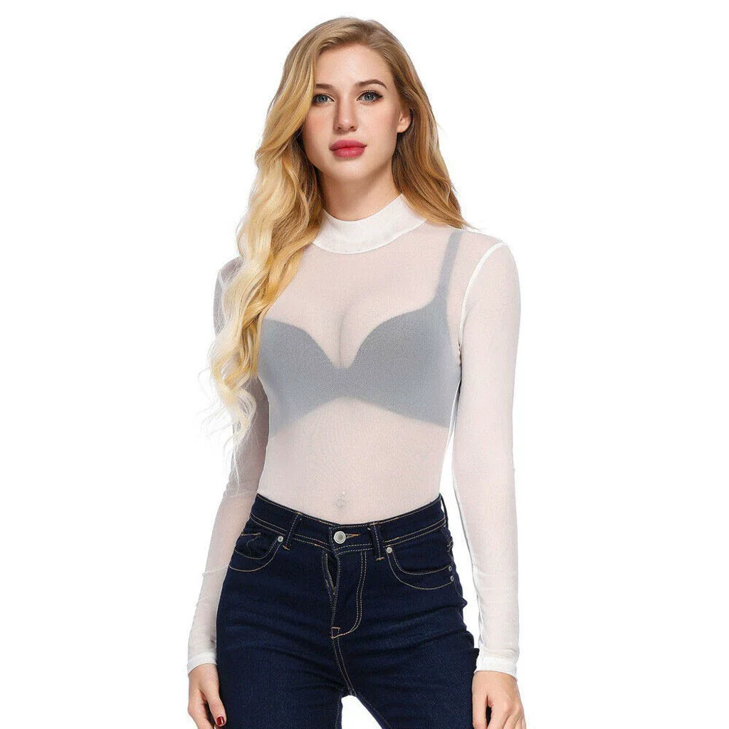 Ladies Mesh Bodysuit – Transparent – Long Sleeves – High Neck – Built-in Lace Bralette - Image 4