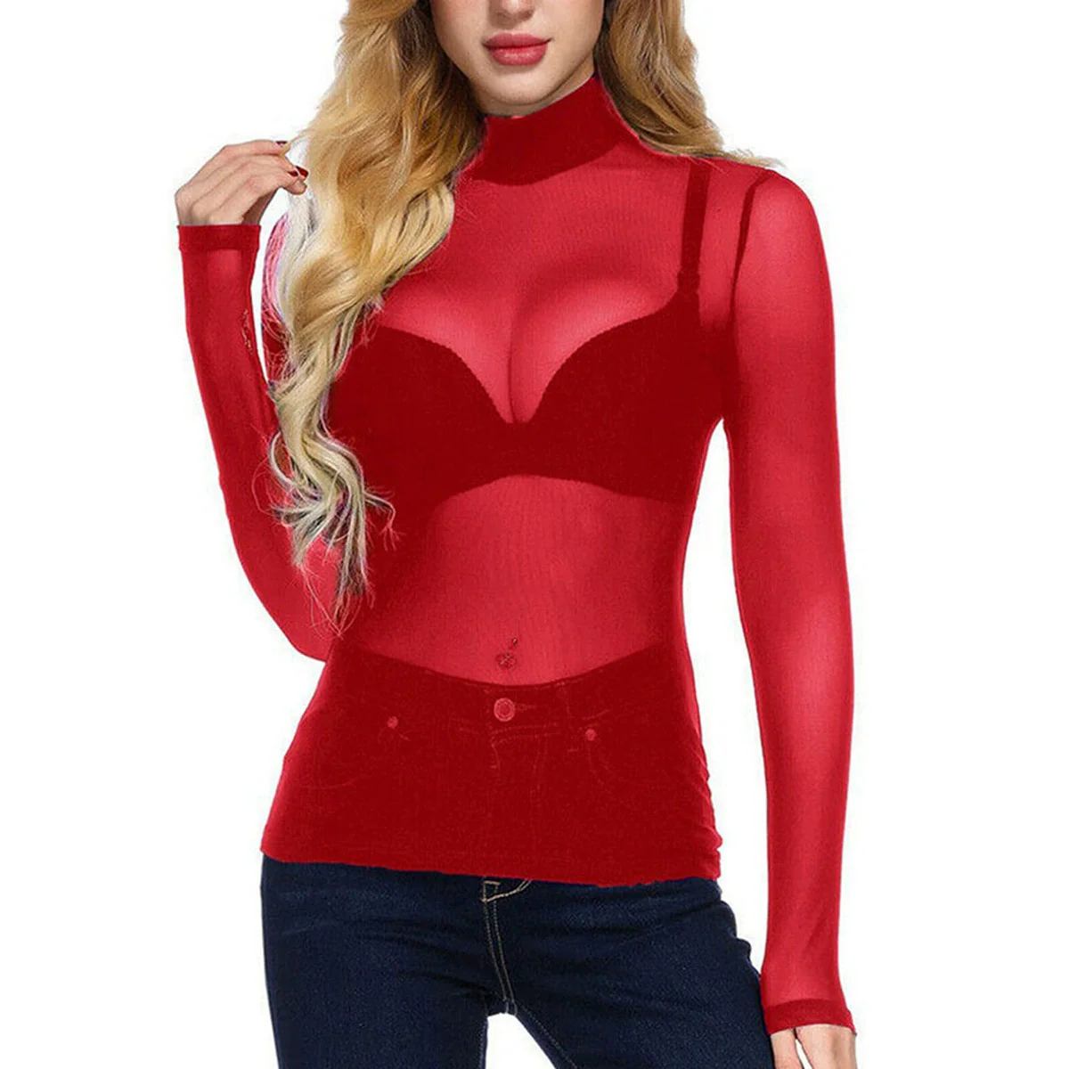 Ladies Mesh Bodysuit – Transparent – Long Sleeves – High Neck – Built-in Lace Bralette - Image 7