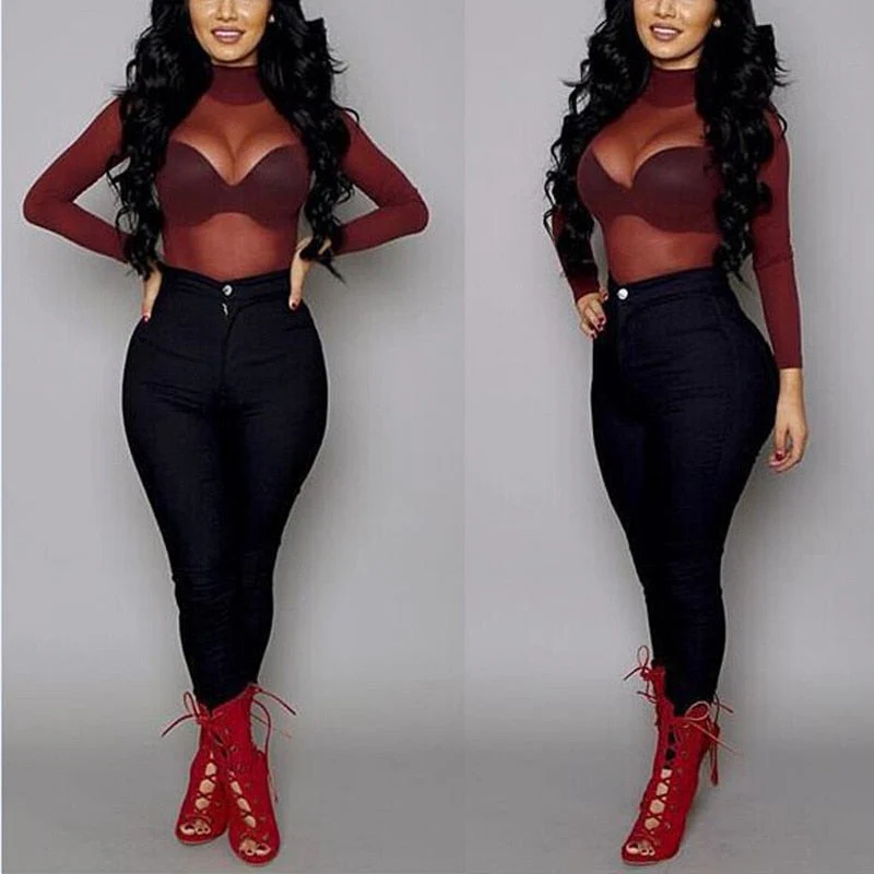 Ladies Mesh Bodysuit – Transparent – Long Sleeves – High Neck – Built-in Lace Bralette - Image 8