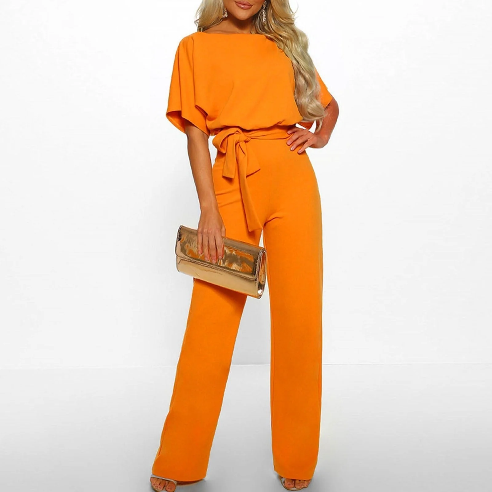 Women's Jumpsuit – Wide Legs – Short Sleeves – Waist Belt – Comfort Fit - Image 10