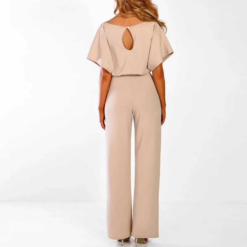 Women's Jumpsuit – Wide Legs – Short Sleeves – Waist Belt – Comfort Fit - Image 2
