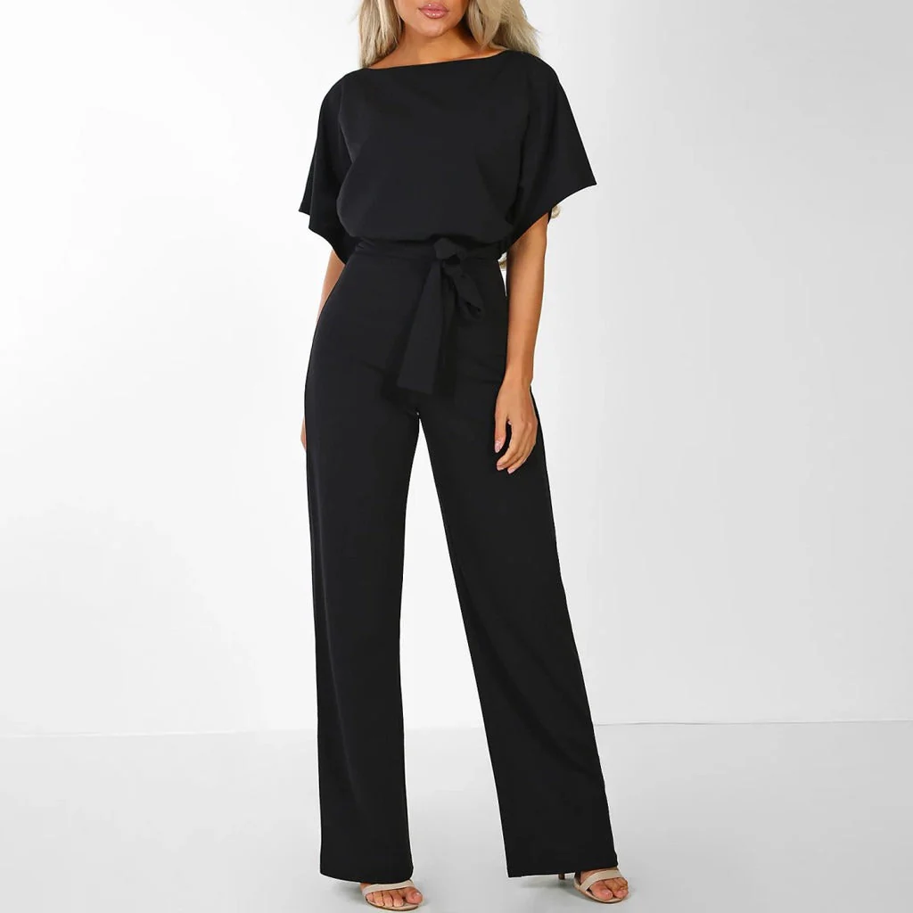 Women's Jumpsuit – Wide Legs – Short Sleeves – Waist Belt – Comfort Fit - Image 3