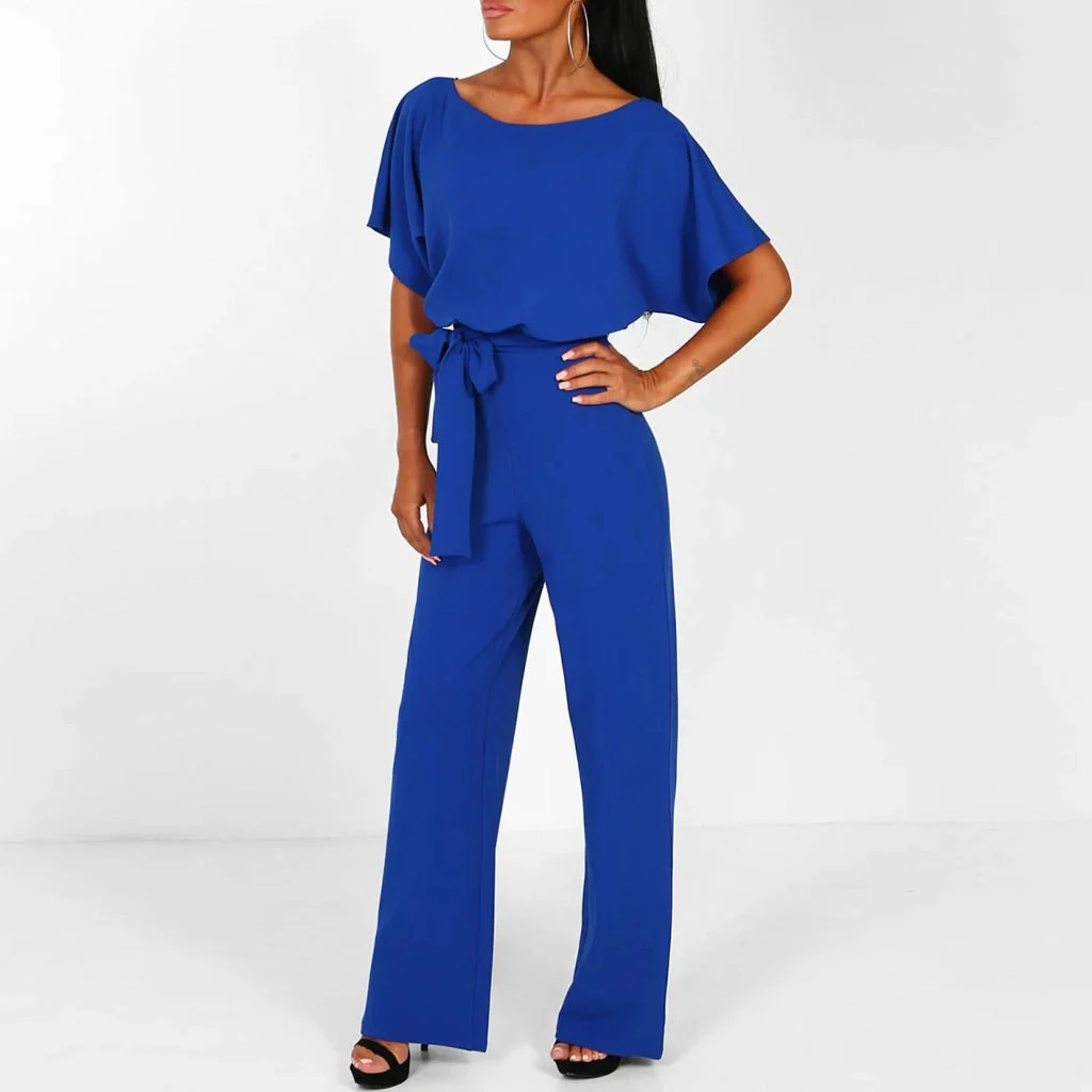 Women's Jumpsuit – Wide Legs – Short Sleeves – Waist Belt – Comfort Fit - Image 4