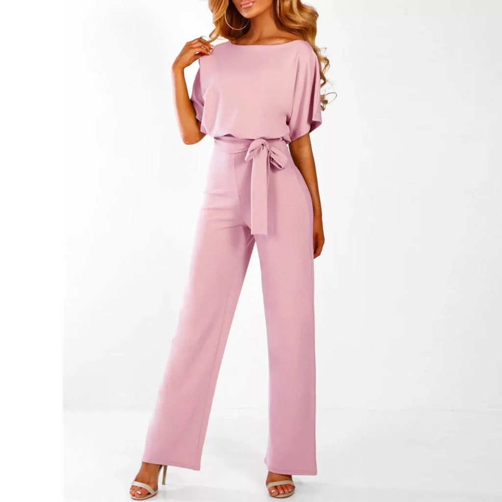 Women's Jumpsuit – Wide Legs – Short Sleeves – Waist Belt – Comfort Fit - Image 5