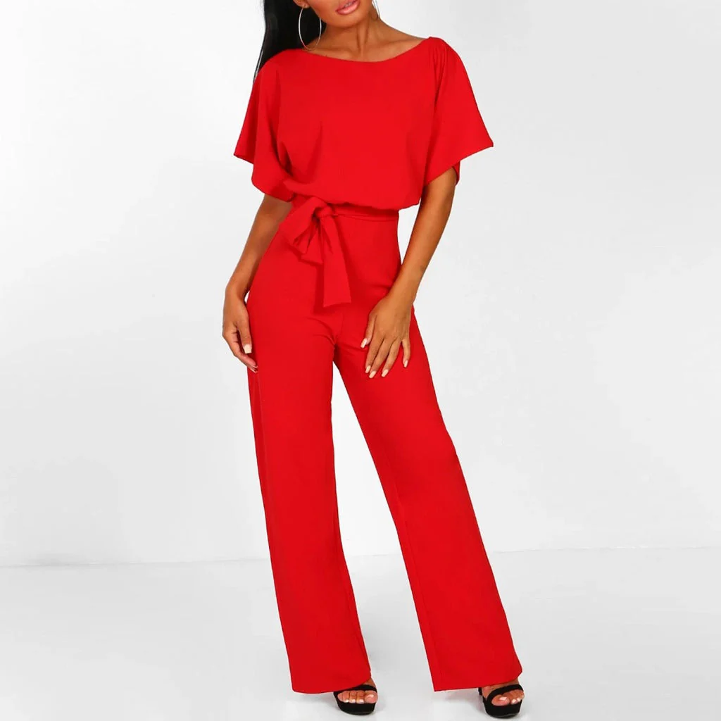 Women's Jumpsuit – Wide Legs – Short Sleeves – Waist Belt – Comfort Fit - Image 9