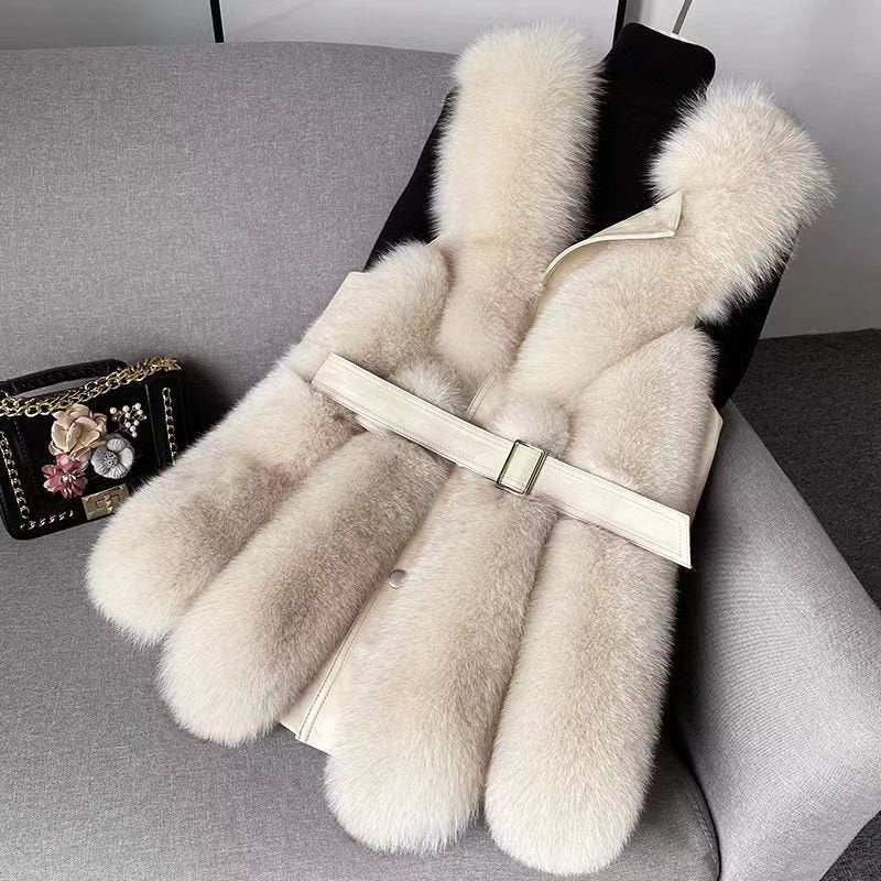 Sienna Collared Belted Vest | Fur Trim Mid-Thigh Length Vest - Image 2