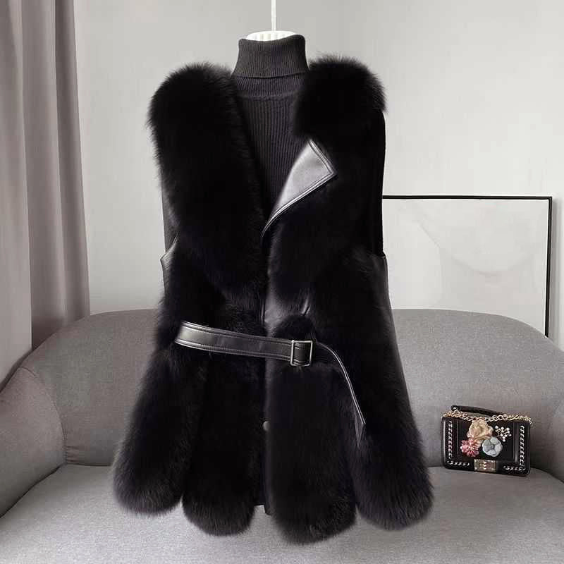 Sienna Collared Belted Vest | Fur Trim Mid-Thigh Length Vest - Image 3