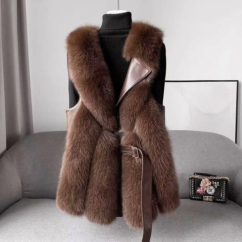 Sienna Collared Belted Vest | Fur Trim Mid-Thigh Length Vest - Image 4
