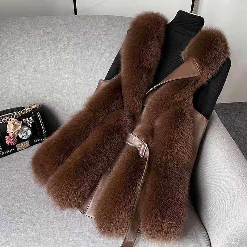 Sienna Collared Belted Vest | Fur Trim Mid-Thigh Length Vest - Image 5
