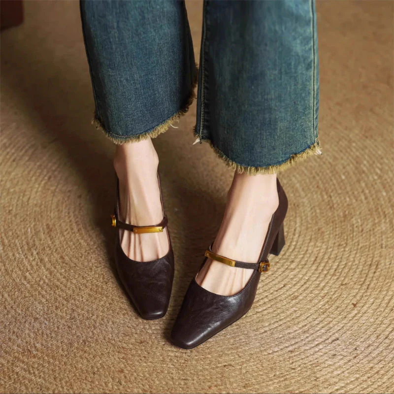 Sienna Block Heel Mary Jane Heels | Square Toe Strap Mary Jane Heels - Image 3