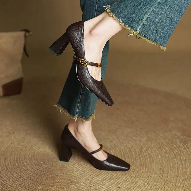 Sienna Block Heel Mary Jane Heels | Square Toe Strap Mary Jane Heels - Image 4