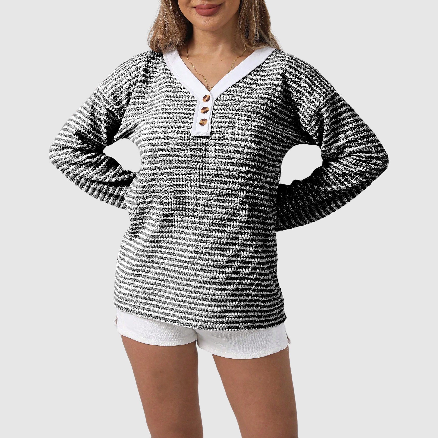 Sienna Relaxed Fit Henley Sweater | Striped Button Front Sweater - Image 4