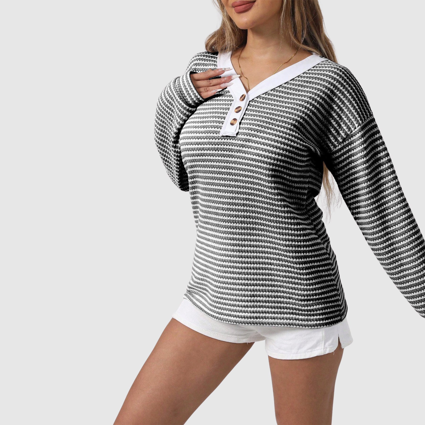 Sienna Relaxed Fit Henley Sweater | Striped Button Front Sweater - Image 5