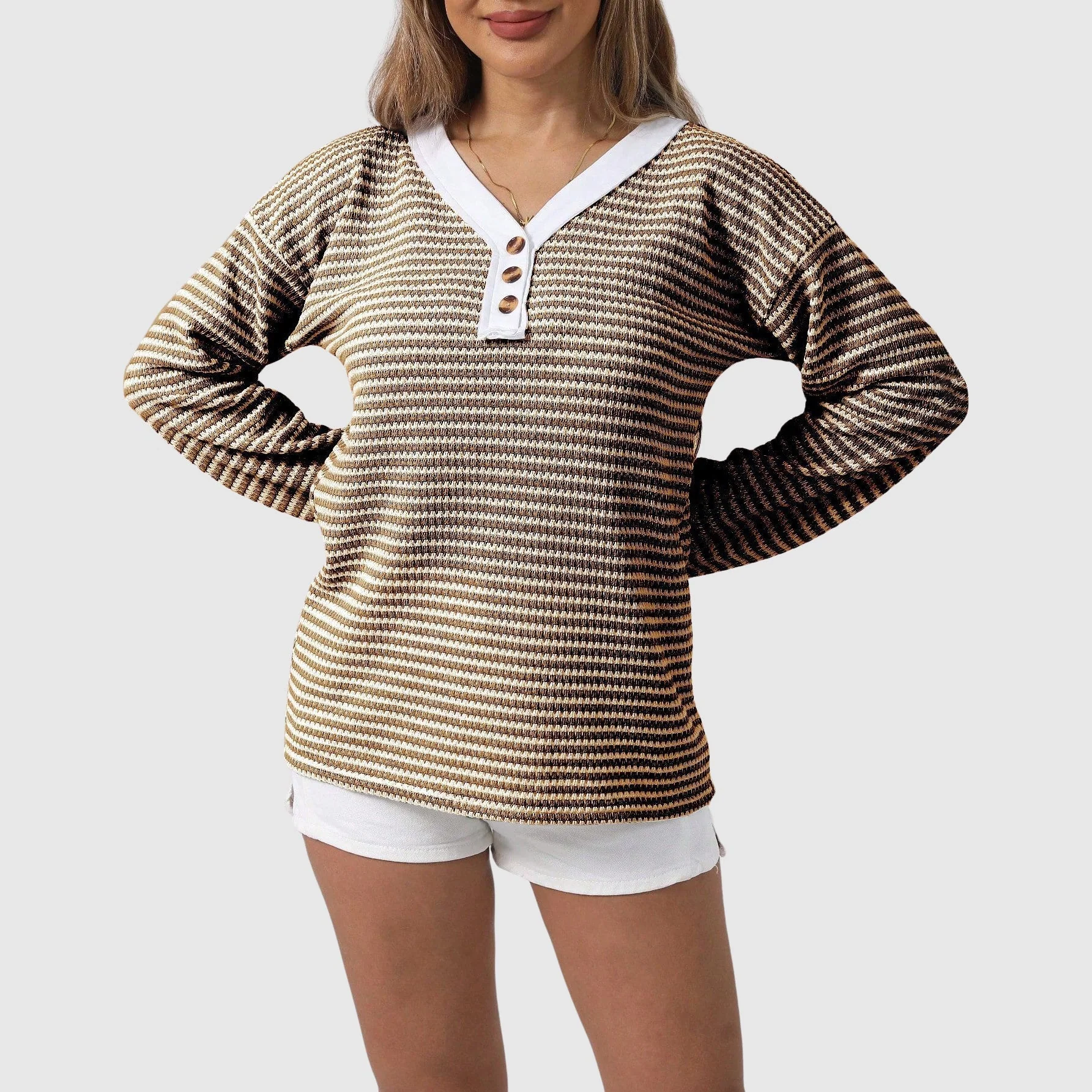 Sienna Relaxed Fit Henley Sweater | Striped Button Front Sweater - Image 6