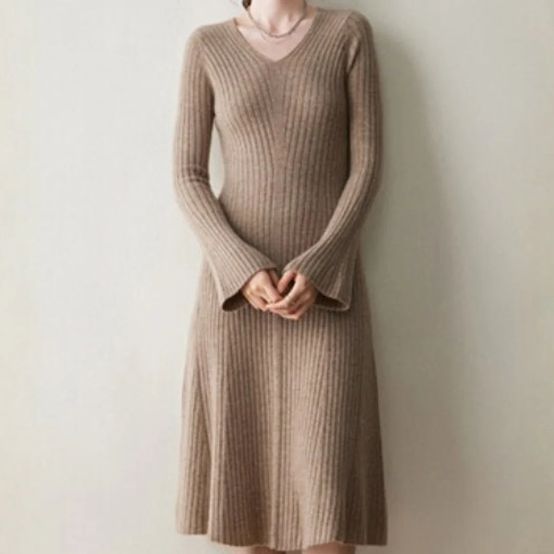 Sienna A-Line Dress | Ribbed V-Neck Long Sleeve Dress