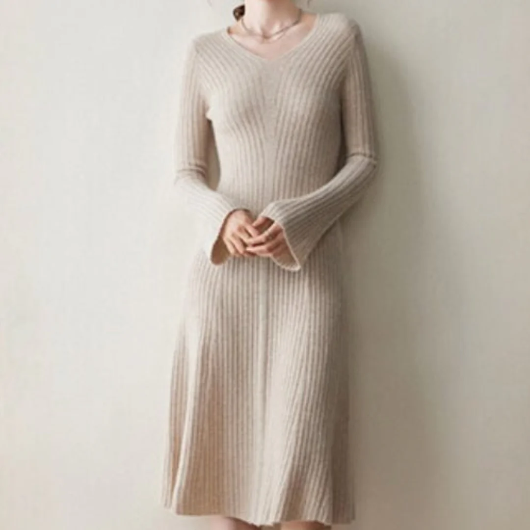 Sienna A-Line Dress | Ribbed V-Neck Long Sleeve Dress - Image 2