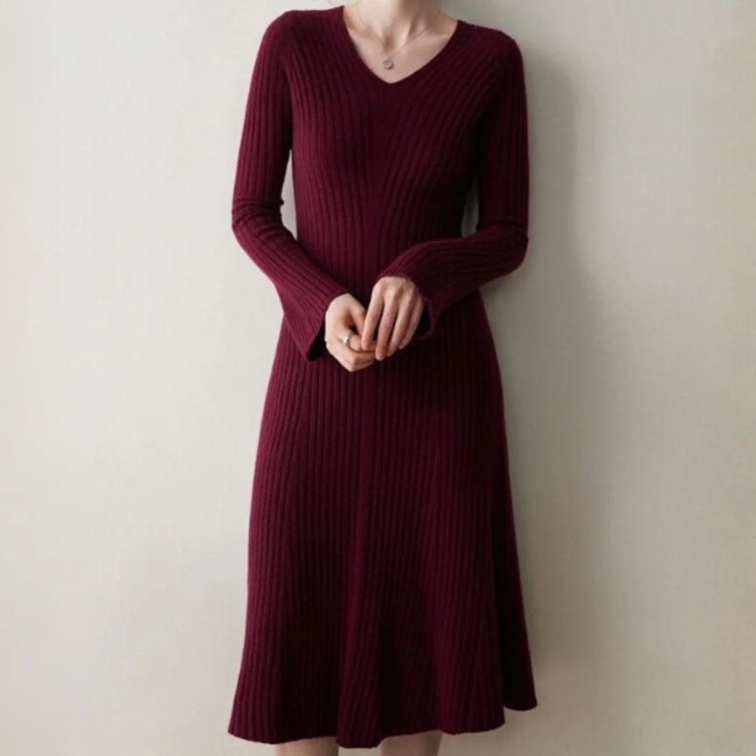 Sienna A-Line Dress | Ribbed V-Neck Long Sleeve Dress - Image 3