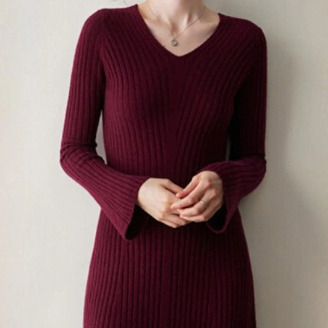 Sienna A-Line Dress | Ribbed V-Neck Long Sleeve Dress - Image 4