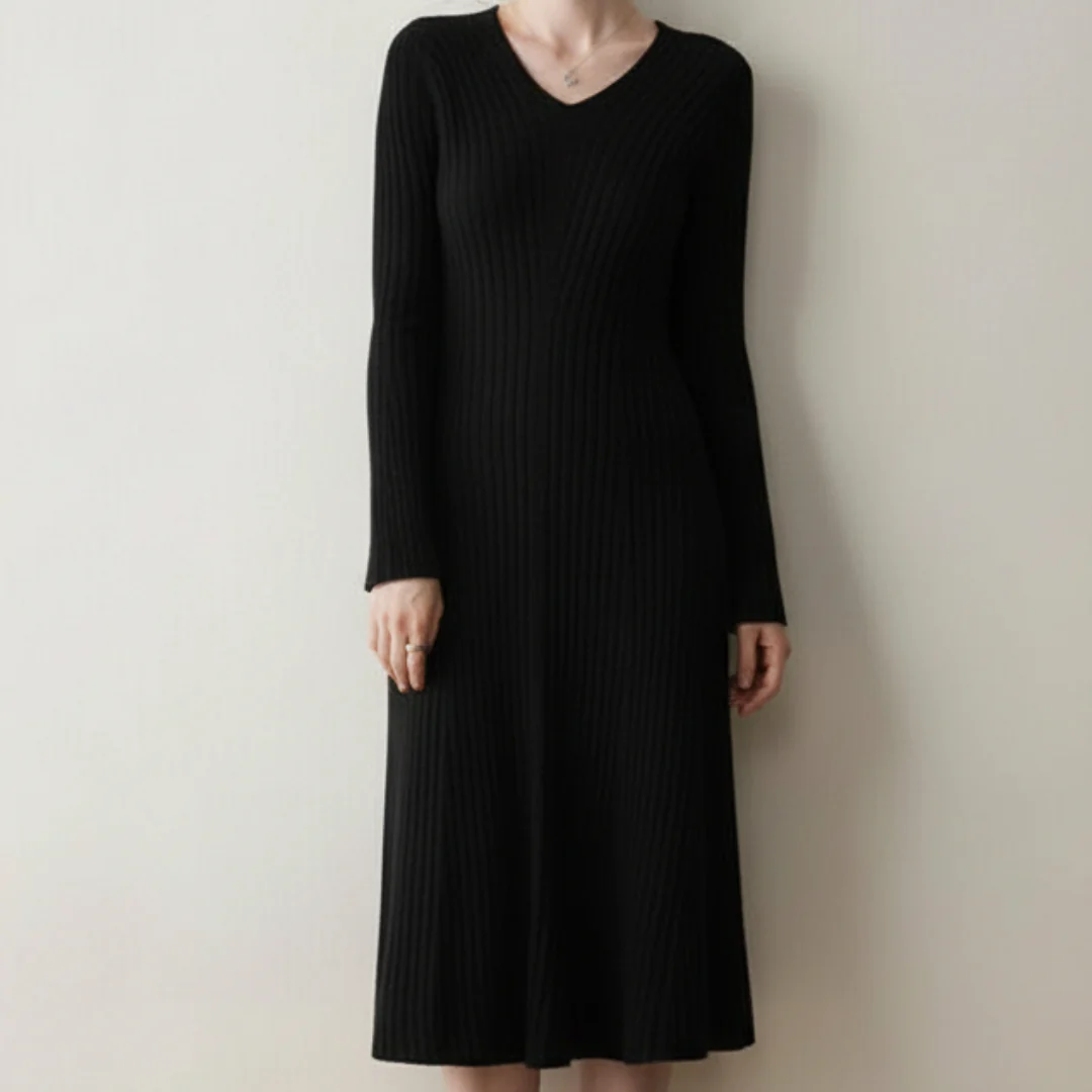 Sienna A-Line Dress | Ribbed V-Neck Long Sleeve Dress - Image 5