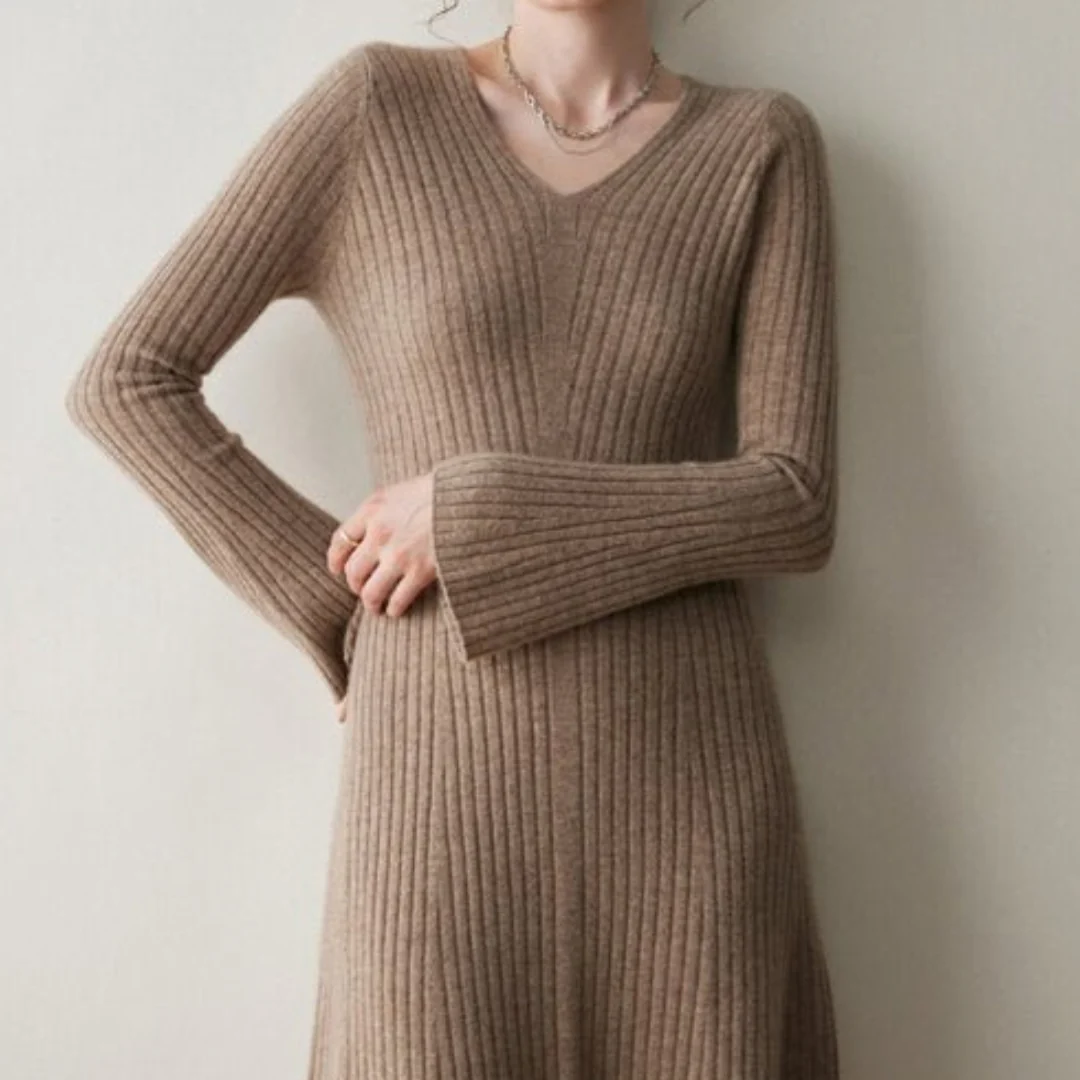 Sienna A-Line Dress | Ribbed V-Neck Long Sleeve Dress - Image 6