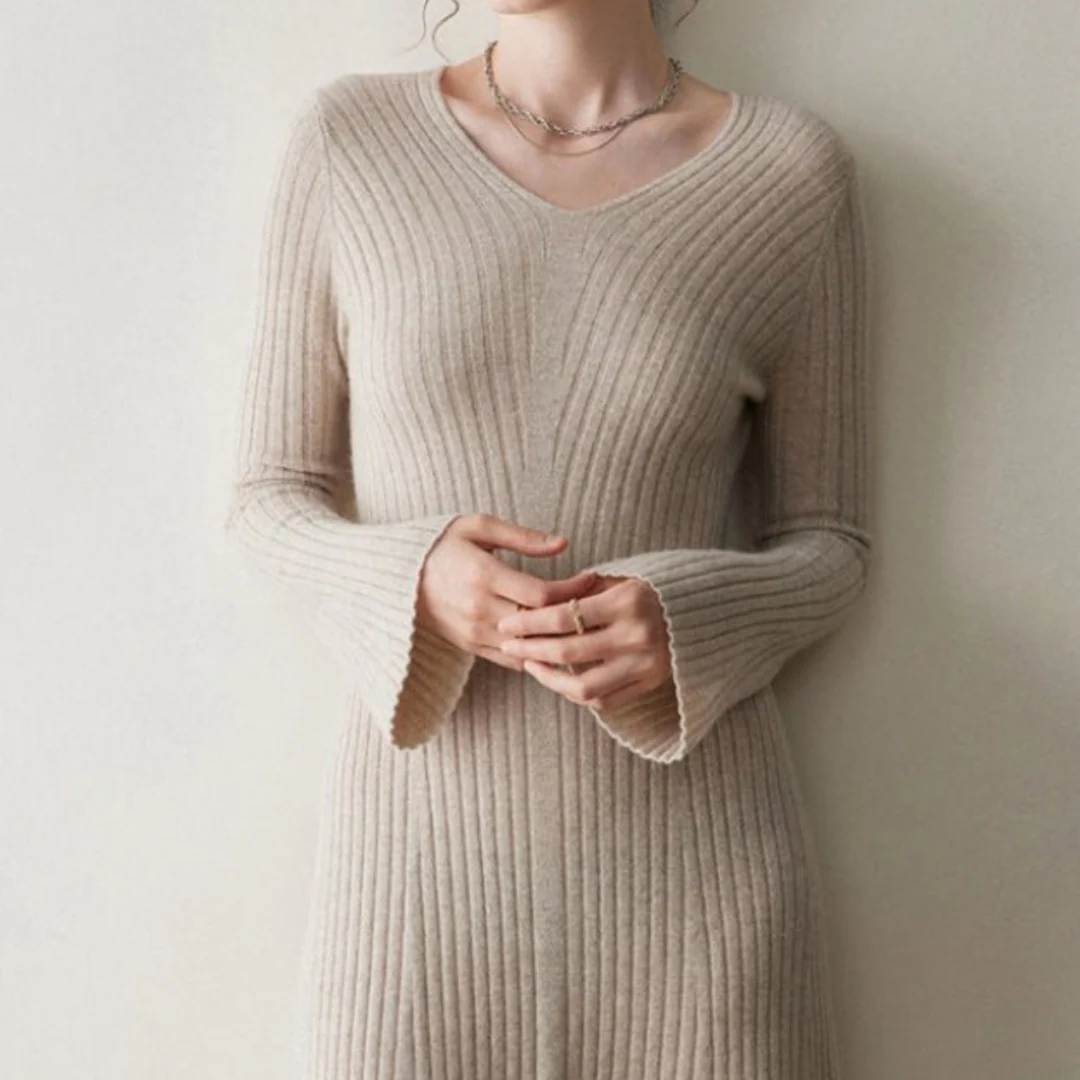 Sienna A-Line Dress | Ribbed V-Neck Long Sleeve Dress - Image 7