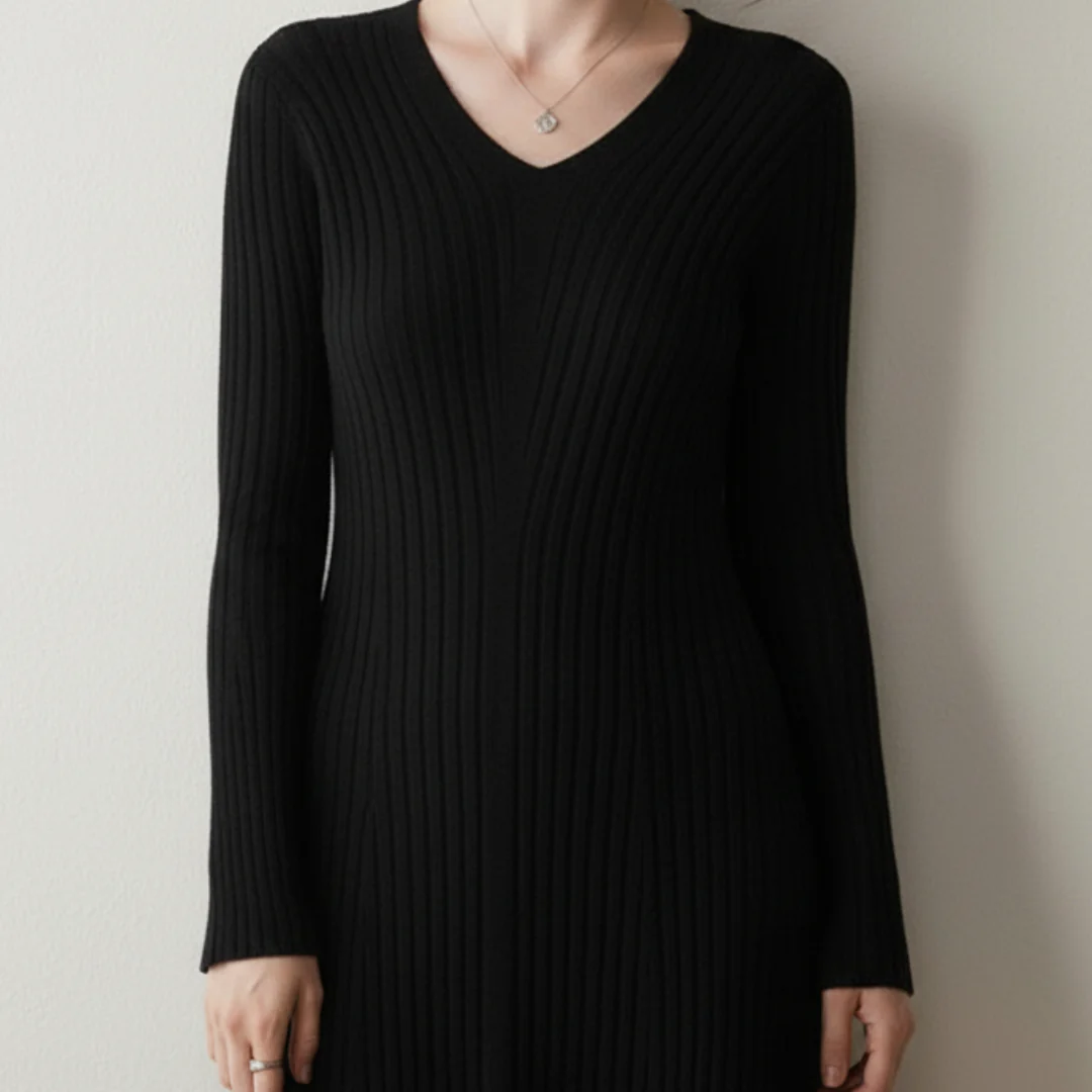 Sienna A-Line Dress | Ribbed V-Neck Long Sleeve Dress - Image 8