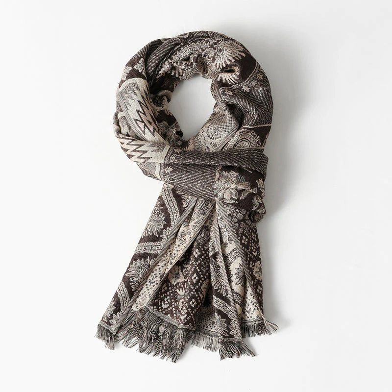 Sienna Draped Scarf | Jacquard Pattern Fringe Scarf - Image 2