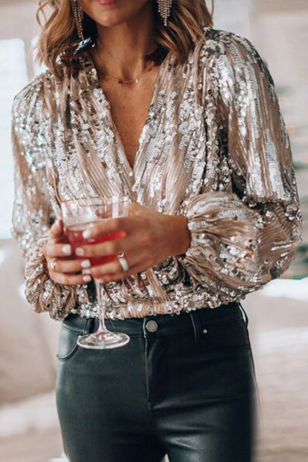Ladies Blouse - Sequins - V-Neck - Long Puff Sleeves - Relaxed Fit - Festive - Image 2