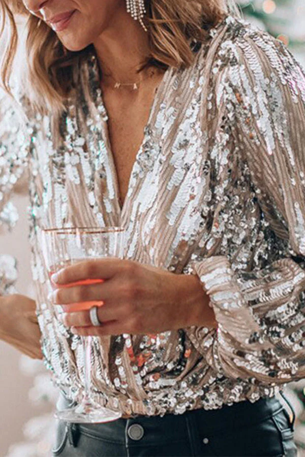 Ladies Blouse - Sequins - V-Neck - Long Puff Sleeves - Relaxed Fit - Festive - Image 3