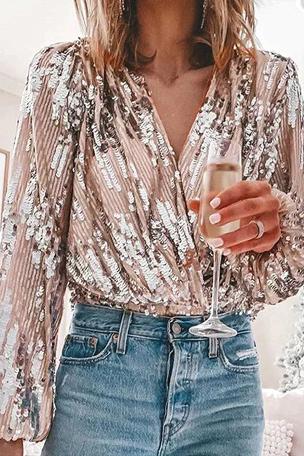 Ladies Blouse - Sequins - V-Neck - Long Puff Sleeves - Relaxed Fit - Festive - Image 5