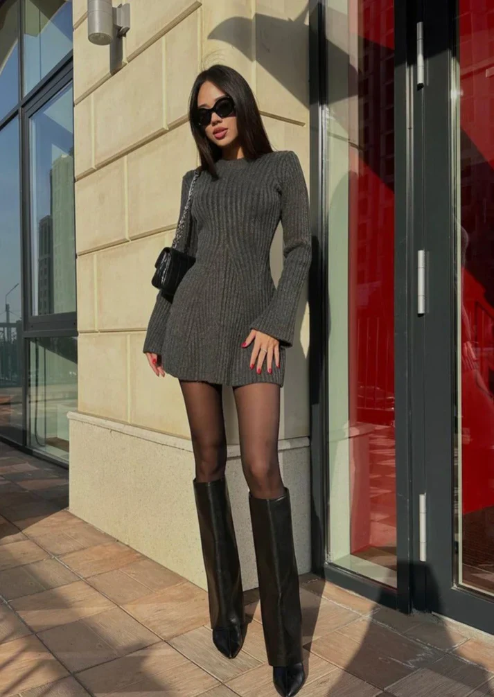 Women's Knitted Dress – Ribbed Texture – Long Sleeves – High Neck – Fitted Model - Image 3