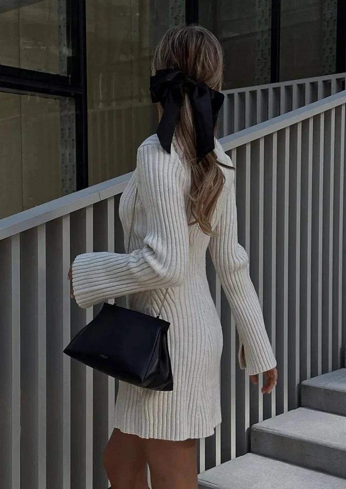 Women's Knitted Dress – Ribbed Texture – Long Sleeves – High Neck – Fitted Model - Image 9
