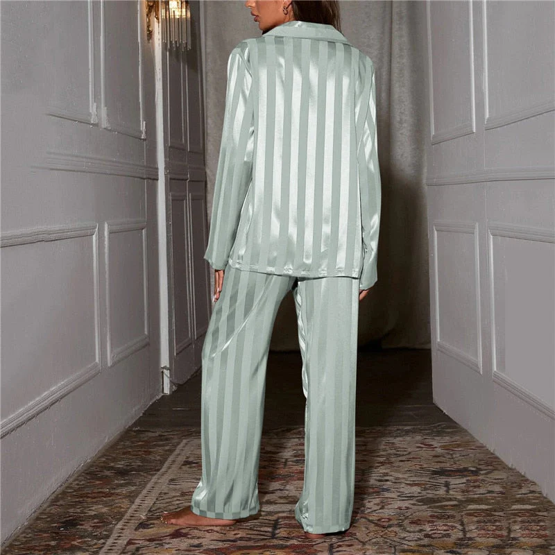 Ladies Pyjama Set - Satin Fabric - Long Sleeve - Striped Luxury Nightwear - Image 7