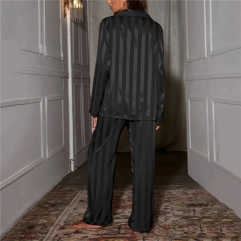 Ladies Pyjama Set - Satin Fabric - Long Sleeve - Striped Luxury Nightwear - Image 8