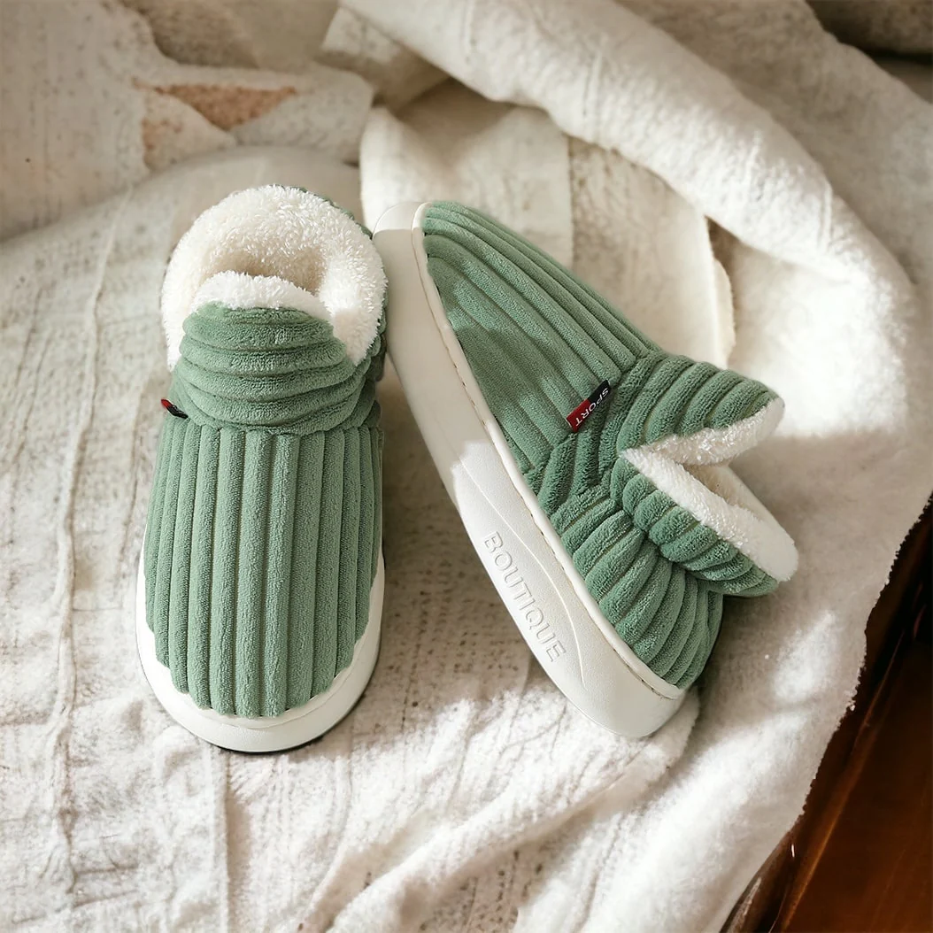 Women's Slippers - Ribbed Fabric with Warm Lining - Non-Slip Sole - Closed Heel - Image 4