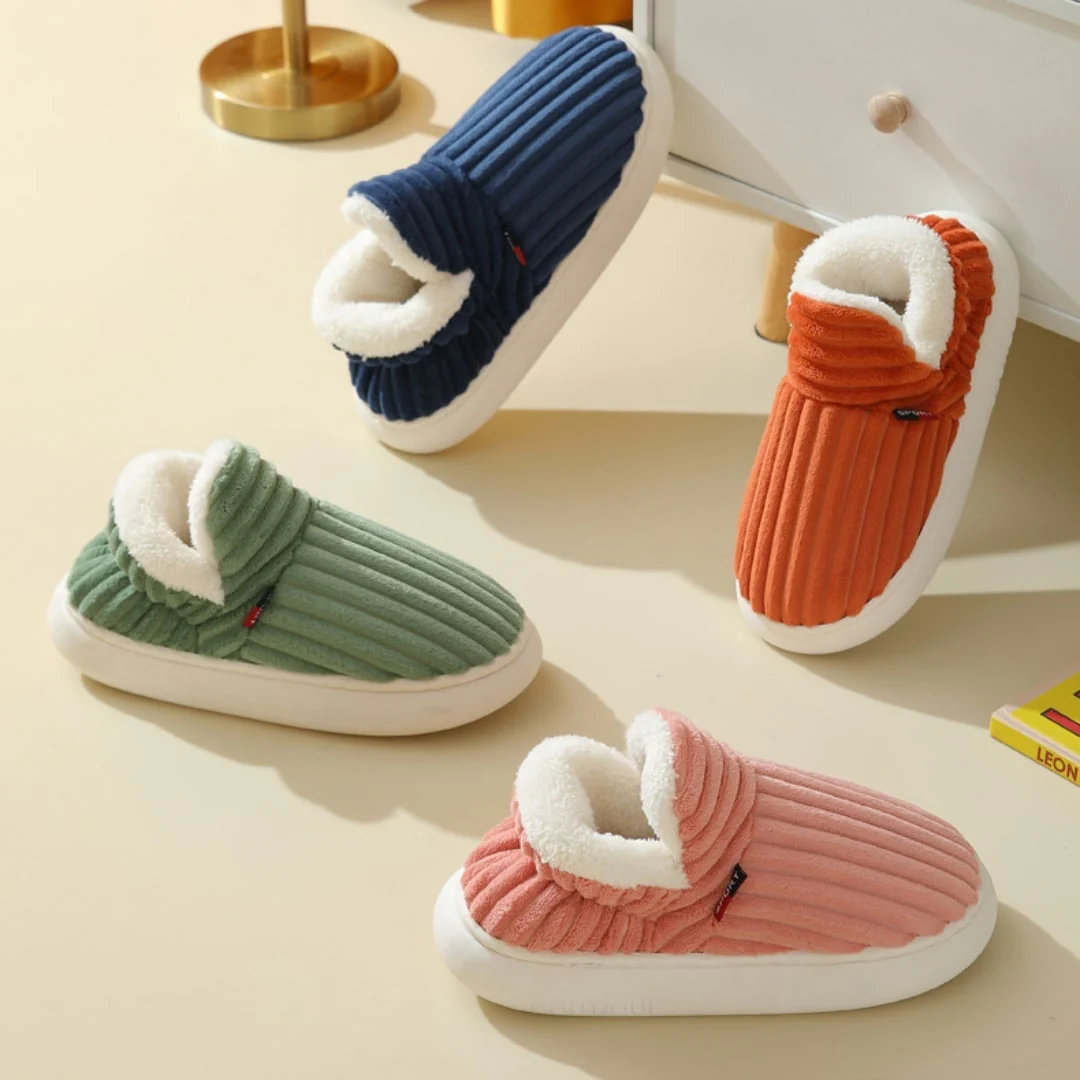 Women's Slippers - Ribbed Fabric with Warm Lining - Non-Slip Sole - Closed Heel - Image 5