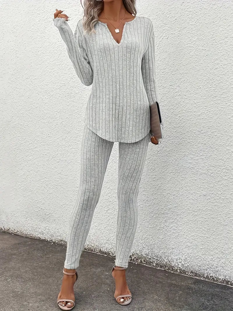 Women's Twinset – Ribbed Lounge Set – V-neck Top with Legging – Comfort Fit Casual - Image 2