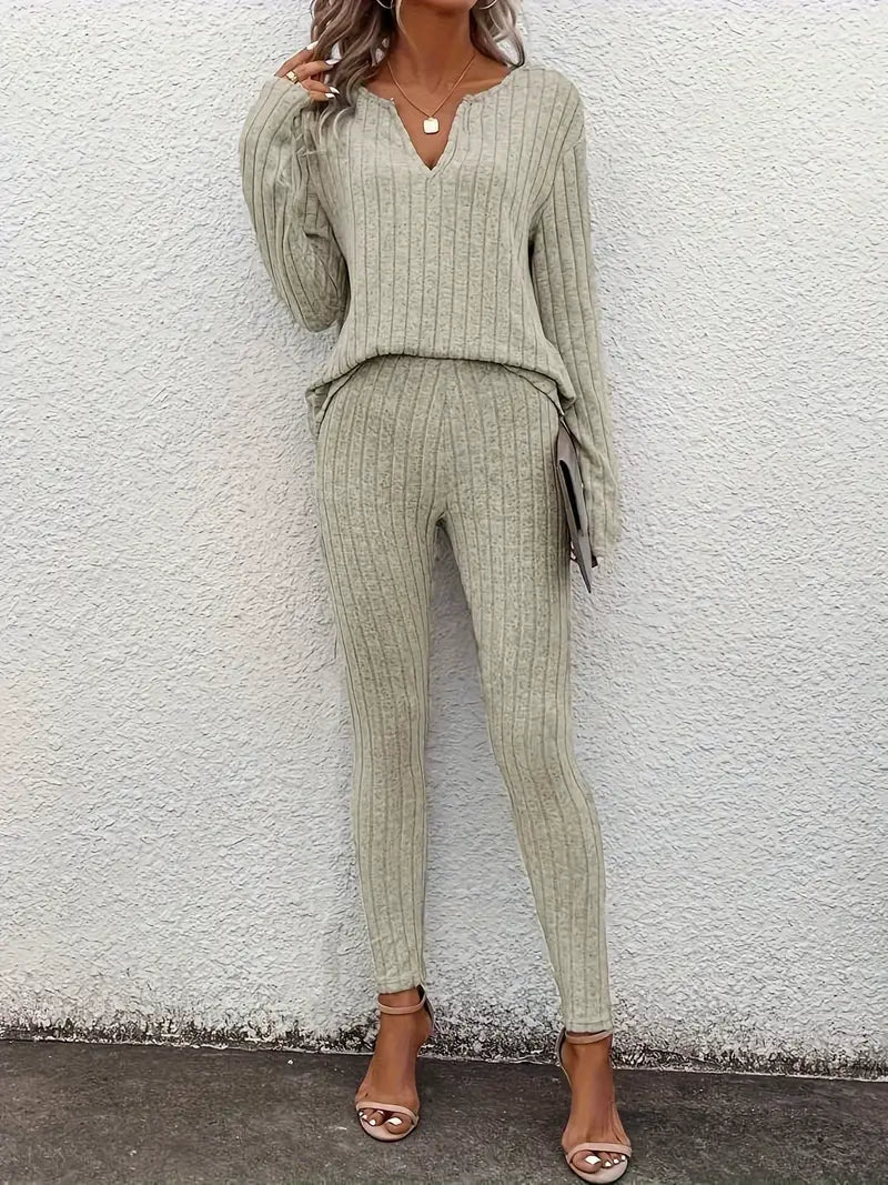 Women's Twinset – Ribbed Lounge Set – V-neck Top with Legging – Comfort Fit Casual - Image 3